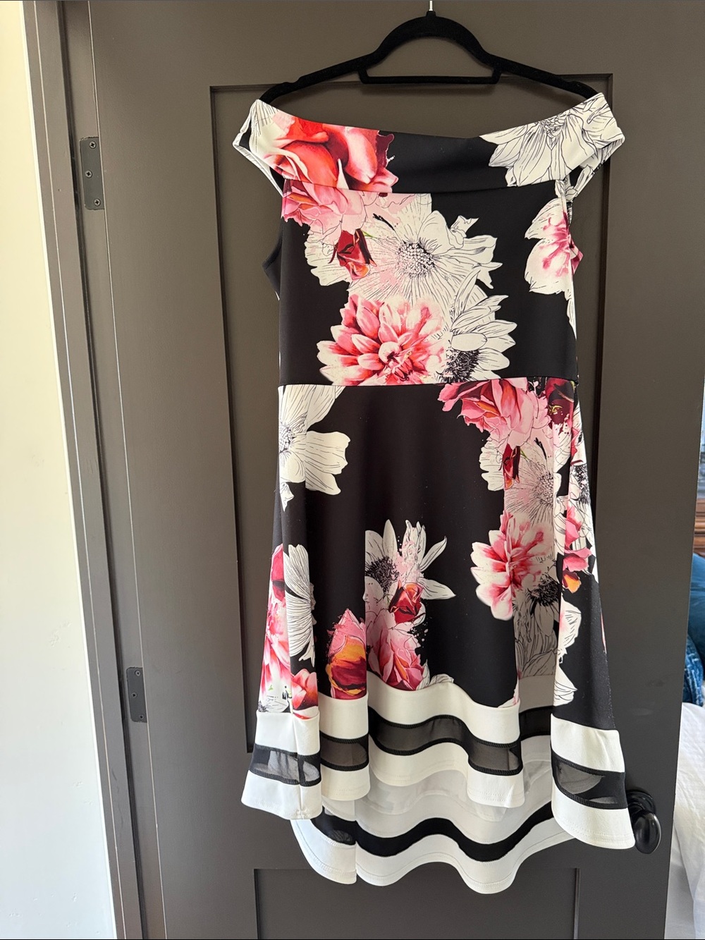 Off-Shoulder Black Floral High-Low Dress with Pink Accents